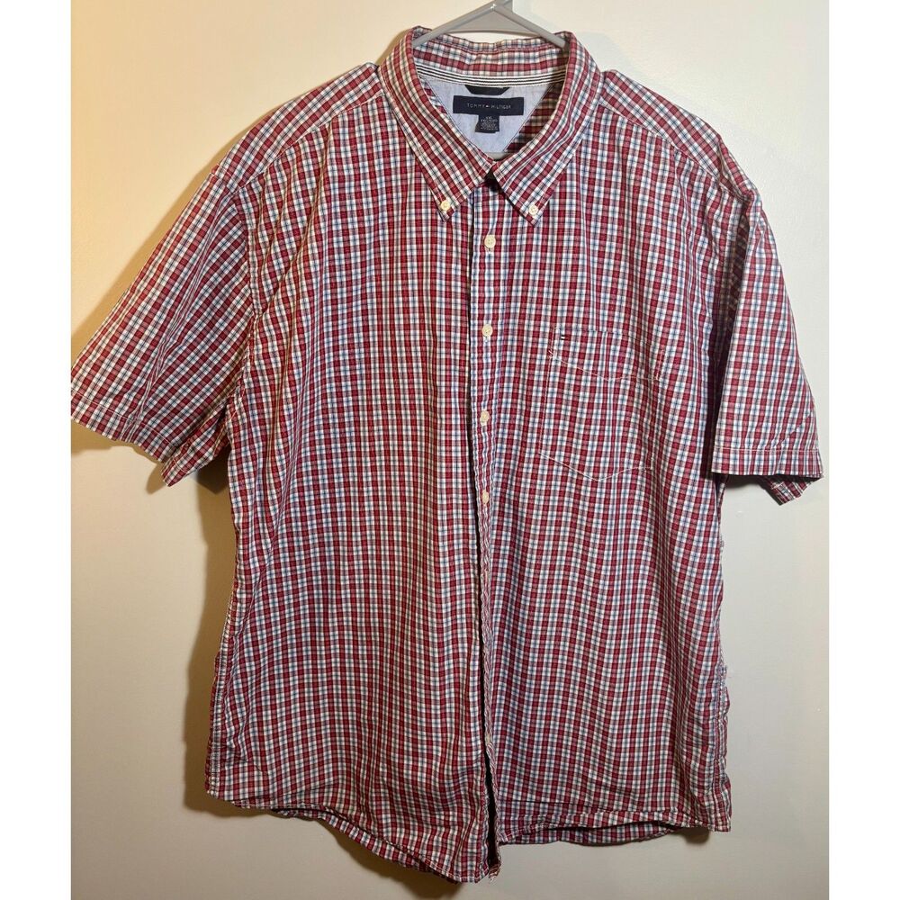 Tommy Hilfiger Men’s XXL Red Blue Plaid Short-Sleeve Cotton Button-Down Shirt